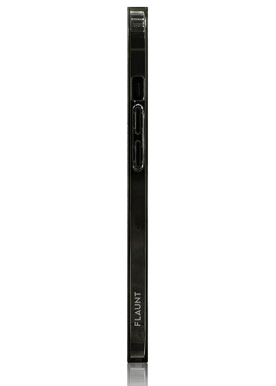 Black faux leather iPhone case with textured surface and cutouts for buttons and ports.
