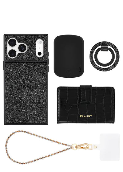 Black glitter phone case, soft pouch, crystal ring holder, crocodile-textured wallet, and gold-toned chain wrist strap.