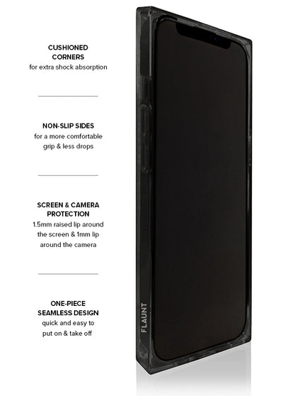 Black faux leather iPhone case with square shape, cushioned corners, non-slip sides, and raised protective lips around screen