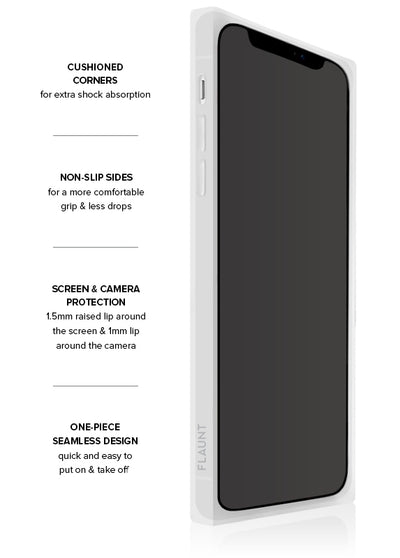 White iPhone case with cushioned corners, non-slip sides, and raised protective lips around screen and camera.