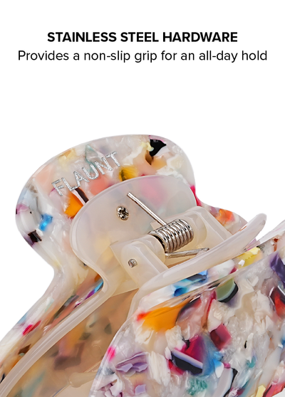 Tortoise shell claw clip with rainbow confetti pattern and stainless steel hardware mechanism visible.