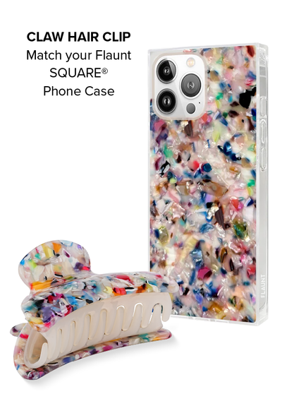Rainbow confetti tortoise shell claw hair clip with matching clear phone case.