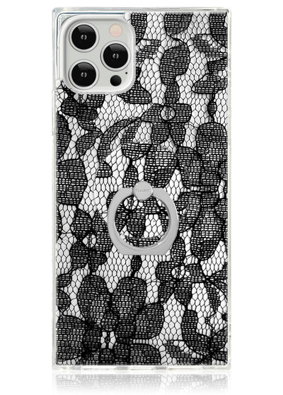 Clear iPhone case with black and white lace pattern and silver ring stand.