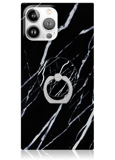 Black marble patterned phone case with silver circular ring stand attached to back.