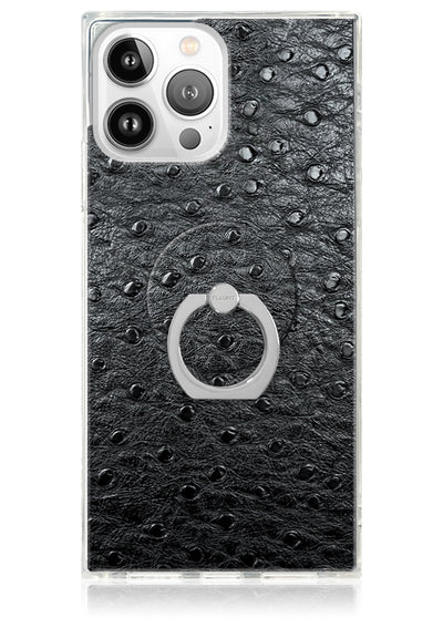 Clear phone case with black textured ostrich faux leather back and white circular ring stand holder.