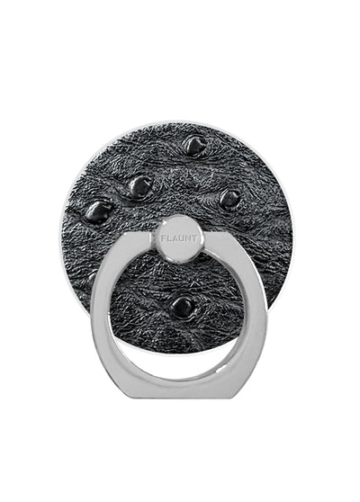 Black textured phone ring stand with silver metal loop and attachment studs.