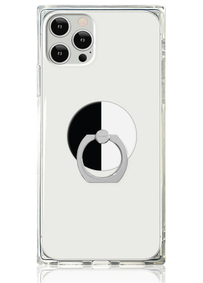 Clear phone case with black and white colorblock ring stand attached to back of smartphone.