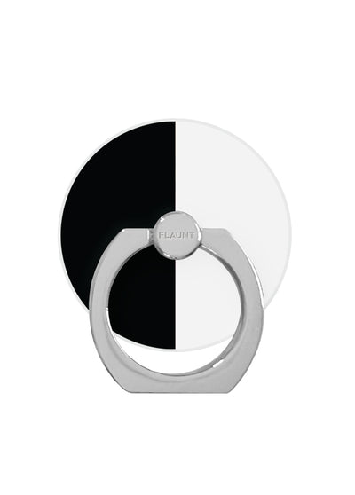 Black and white colorblock ring stand with gray metal base and rotating circular backing disk.