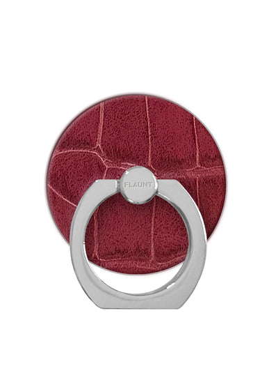 Burgundy crocodile textured phone ring stand with silver metal loop and center grip dot.