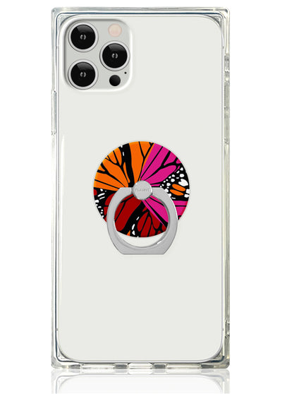 Clear phone case with colorful butterfly-patterned ring stand attached to back.