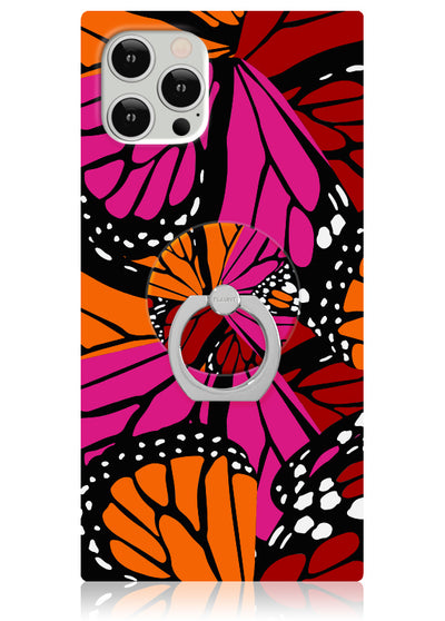 Silver phone ring stand attached to colorful butterfly wing pattern phone case in pink, orange, and black.
