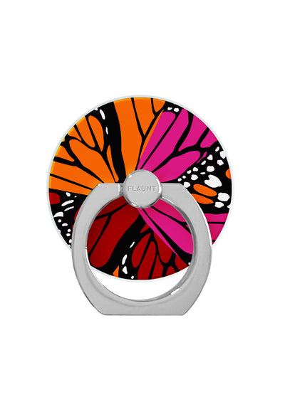 Gray metal ring stand with colorful butterfly wing design in orange, pink, red, and black with white accents.