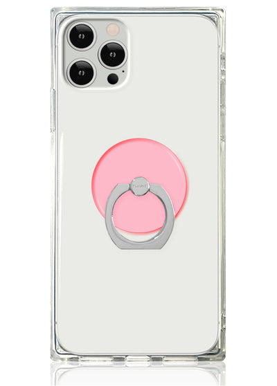 Clear phone case with neon pink circular adhesive ring stand and gray metal grip attached to back.