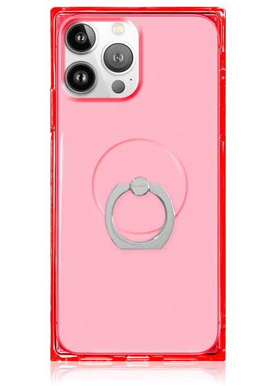 Pink phone case with clear red edges and gray metal ring stand holder attached to back.