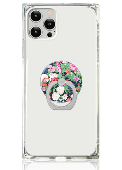 Clear phone case with floral-patterned ring stand featuring pink, white, and red flowers on dark background.