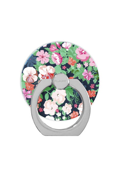 Circular phone ring stand with multicolored floral pattern on dark background and gray metal rotating grip.