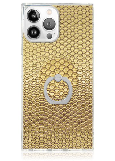 Gold snakeskin textured phone case with gray circular ring stand for smartphone grip and mounting.