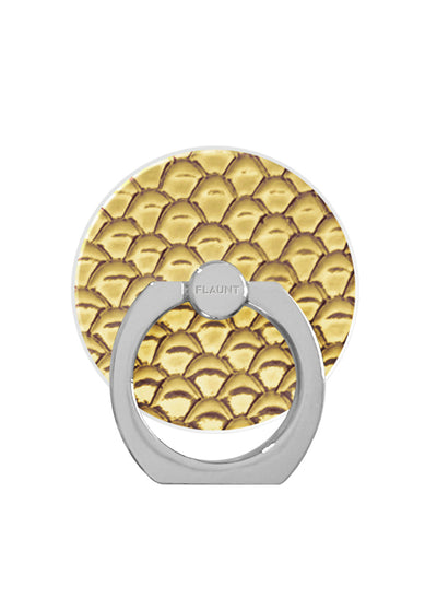 Gold snakeskin textured circular phone ring stand with silver metal grip and rotating ball joint.