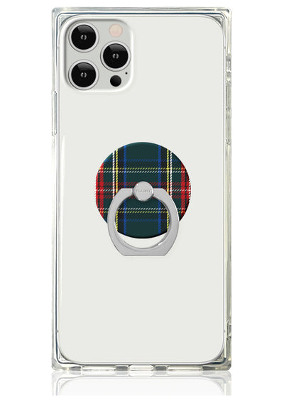 Clear phone case with red and blue plaid circular ring stand attached to back.