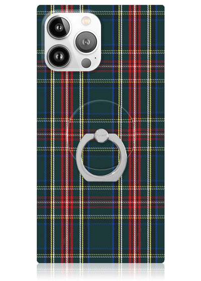 iPhone case with green, red, and yellow plaid pattern, silver ring grip, and cutouts for camera lenses.