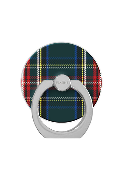 Silver ring stand with green, red, and blue plaid circular back plate and rotating top grip.