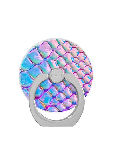 Iridescent crocodile-textured phone ring stand with silver metal band and rotating grip mechanism.