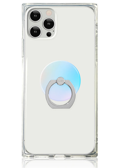 Clear phone case with iridescent blue and purple circular ring stand attached to back.