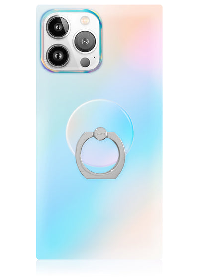 Silver metal ring stand with clear iridescent disc attached to gradient pastel phone case.