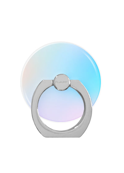 Gray metal ring stand with iridescent blue and pink gradient adhesive disk backing.
