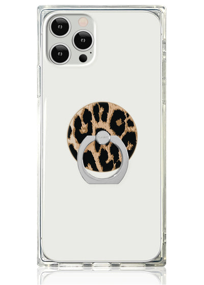 Clear phone case with leopard print circular ring stand in tan and black mounted on back.