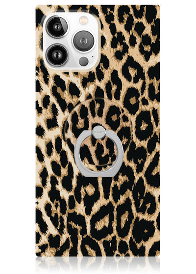 Phone case with black and tan leopard print pattern and silver circular ring stand mounted on back.