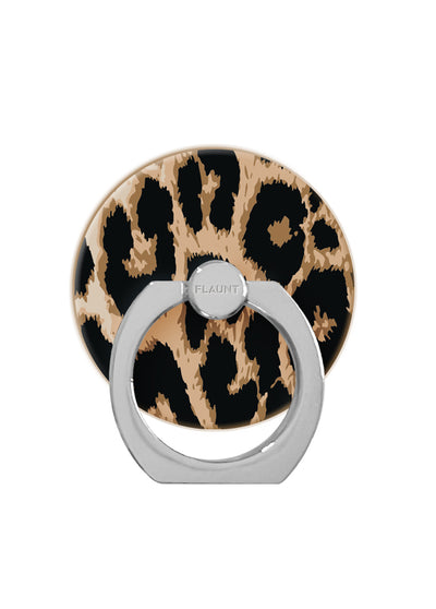 Circular phone ring stand with leopard print pattern in tan and black, silver metal grip and mounting point.