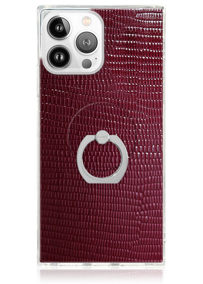 Burgundy lizard-textured phone case with white circular ring stand mounted on back, compatible with camera cutout.