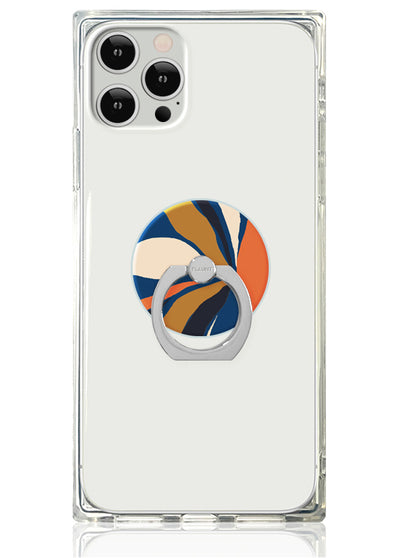Clear phone case with navy, gold, and orange geometric design and silver adhesive ring stand.