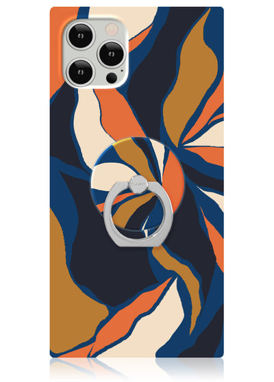 Phone case with abstract floral pattern in navy, orange, and gold with attached silver ring stand.