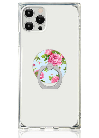Clear phone case with pink rose floral ring stand attached to back, compatible with iPhone 14 Pro Max.