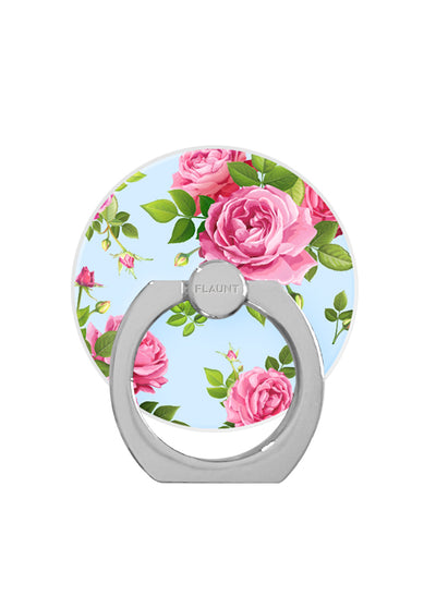 Circular phone ring stand with pink roses and green leaves on light blue background, silver metal base and rotating top.