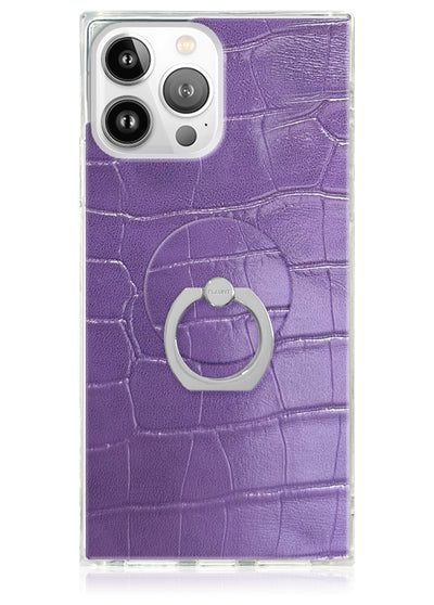 Purple crocodile-textured phone case with silver ring stand holder for iPhone.