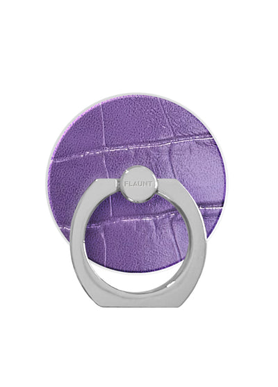 Purple crocodile-textured faux leather phone ring stand with silver metal grip and circular base.