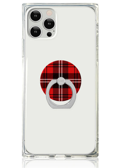 Clear phone case with red plaid circular design and silver metal ring stand attached.
