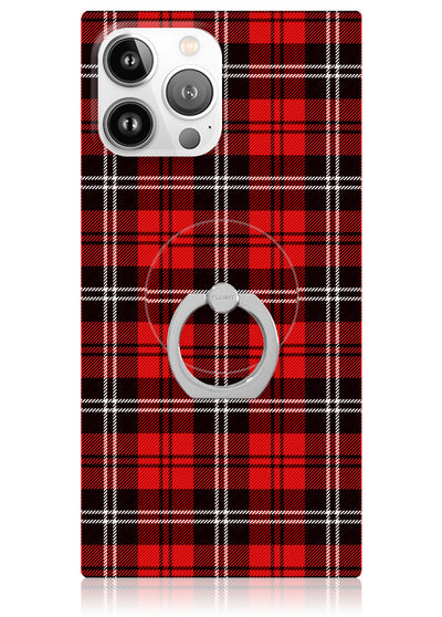 Red and black plaid phone case with silver circular ring stand attached to back.