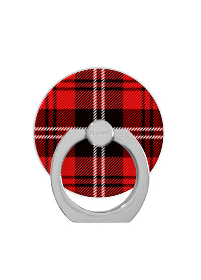 Red and black plaid adhesive phone ring stand with silver metal loop and center grip.