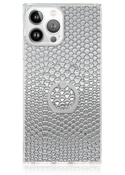 Clear phone case with silver metallic snakeskin texture pattern and circular ring stand attachment on back.