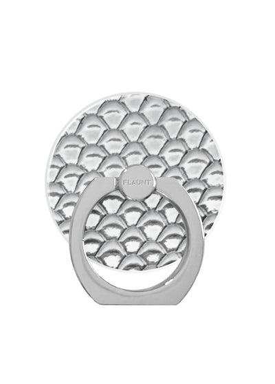 Silver metallic phone ring stand with snakeskin texture pattern and rotating grip loop.