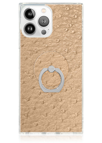 Tan textured phone case with silver ring stand attached to back, compatible with triple camera setup.