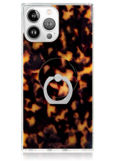 Clear phone case with tortoise shell pattern and metal ring stand for iPhone.