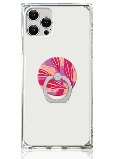 Clear phone case with pink and orange tropical leaf design and silver metal ring stand attached.