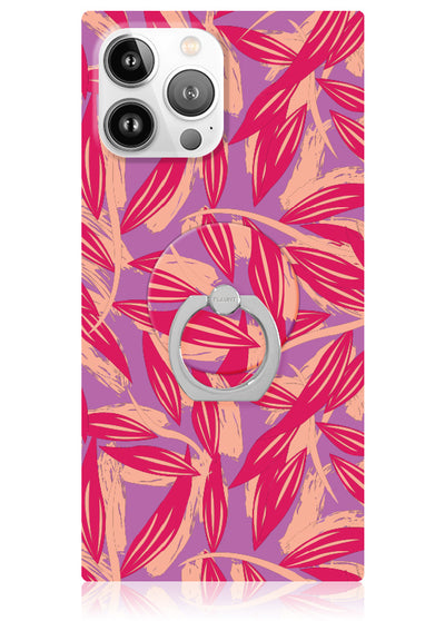 Phone case with tropical leaf pattern in pink, coral, and purple featuring a silver adhesive ring stand.