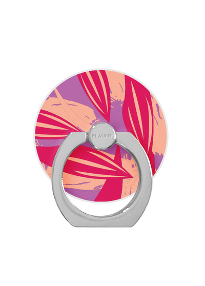 Round phone ring stand with tropical pink and purple striped design, gray metal base and rotating ball attachment.