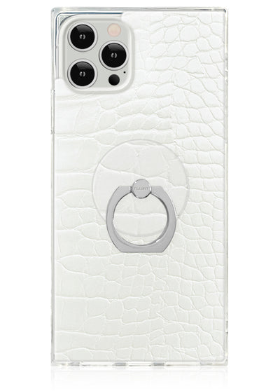 White crocodile-textured phone case with attached silver ring stand for iPhone.